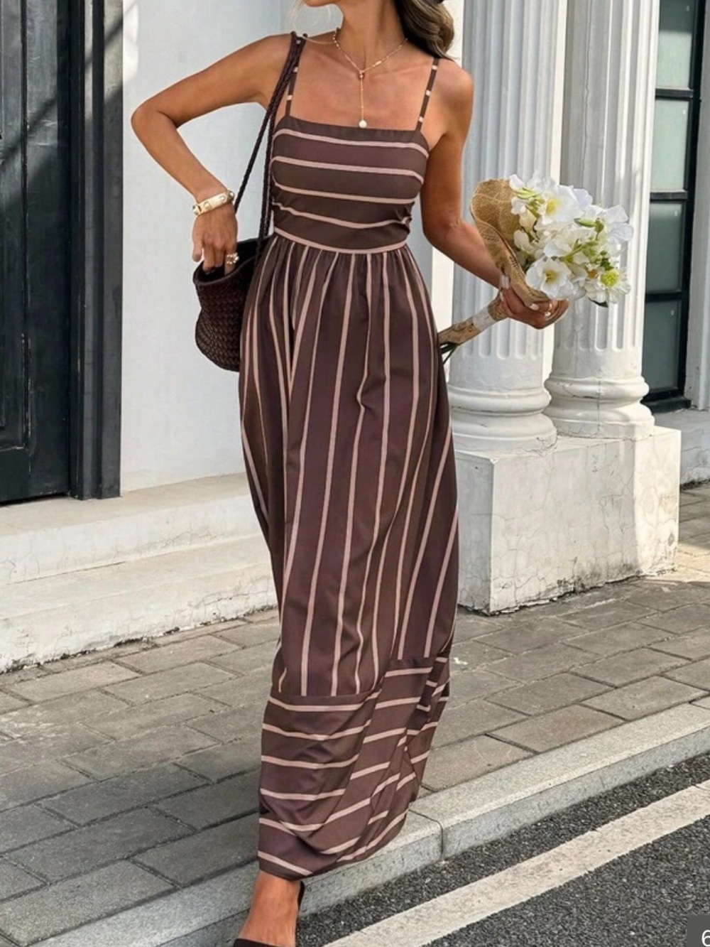 Brown Striped Spaghetti Strap Maxi Dress